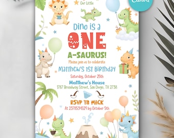 Editable Dinosaur Birthday Invitation, One-A-Saurus Invitation, 1st Birhday Party Invitation, Cute Dinosaur First Birthday Invitation
