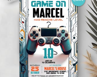 Faire-part de fête d'anniversaire jeu vidéo, passer un niveau supérieur, invitation à une fête d'arcade, invitation néon phosphorescent, gamer vidéo phosphorescent, toile modifiable