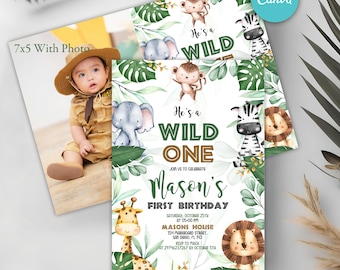Safari Birthday Invitation, Wild One Invitation, Jungle Animals Invitation, 1st Birthday Invitation, Any Age, Kids Invitation, 7x5 & 5x7