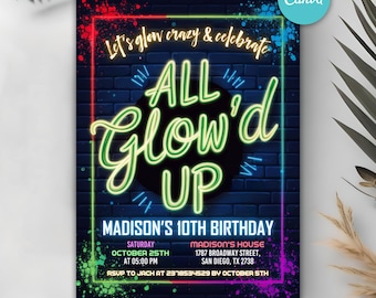 Puede incluir: Invitación a una fiesta de cumpleaños en neón verde y rosa con el texto "Let's glow crazy & celebrate All Glow'd Up" y "Madison's 10th Birthday". La invitación incluye la fecha, la hora y la ubicación de la fiesta.