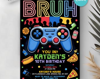 Bruh Birthday Invitation, BRUH YOU IN? Neon Gamer Birthday Invitation, Neon Lights Invite, Gamer Birthday Party Invitation, Digital Canva
