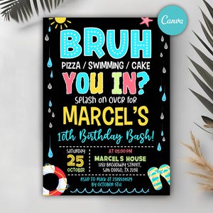 Bruh Birthday Invitation, Boy Pool Birthday Party Invitation, Bruh It&#39;s My Birthday Invite, Teenager Birthday, Editable Canva Template