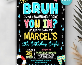 Bruh Birthday Invitation, Boy Pool Birthday Party Invitation, Bruh It's My Birthday Invite, Teenager Birthday, Editable Canva Template