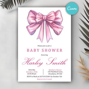 Pink Bow Baby Shower Invitation Template, Pink Coquette Baby Shower Invitation, Baby Girl, Baby Shower Invitation, Girl Coquette Bow