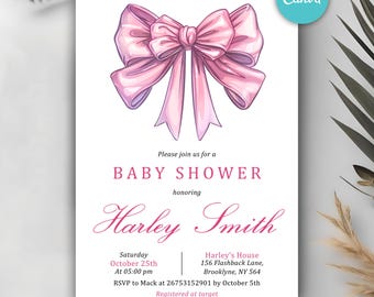 Pink Bow Baby Shower Invitation Template, Pink Coquette Baby Shower Invitation, Baby Girl, Baby Shower Invitation, Girl Coquette Bow