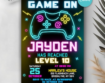May include: A neon green and blue video game controller graphic with the text "GAME ON" and "JAYDEN HAS REACHED LEVEL 10" on a black background. The invitation includes details for a party on Saturday, October 25th at 5:00 PM at Harley's House, 156 Flashback Lane, Brooklyn, NY 564. RSVP to Mack at 26753152901 by October 8th.