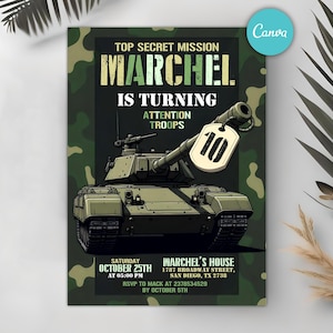 Faire-part d'anniversaire militaire, invitation d'anniversaire de fête de l'armée, invitation de soldat, invitation militaire, modèle de toile modifiable
