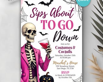 Adult Halloween Sips About to Go Down Skeleton Invitation, Cocktails and Costumes Invite, Halloween Party Invitation, Canva Template