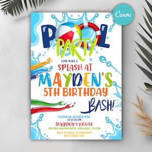 Redigerbar poolfödelsedagsinbjudan, poolpartyinbjudan, sommarfestfödelsedagsinbjudan, simfest, poolinbjudan, direktnedladdning