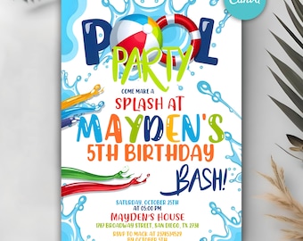 May include: A colorful pool party invitation with a beach ball and life preserver graphic. The invitation reads "Pool Party" and "Come Make a Splash at Mayden's 5th Birthday Bash!" with event details.