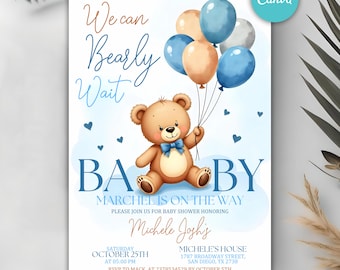 Bär-Babyparty-Einladung, blauer Junge Boho Bär-Babyparty, wir können Bären-Einladung warten, blauer Bär einladen für Jungen, bearbeitbare Canva-Vorlage