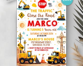 May include: A colorful invitation with a construction theme. The text reads "MARCO is turning 5 years old." The design includes yellow construction vehicles, road signs, and a stop sign. The event details are also included.
