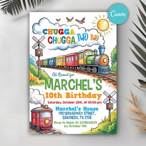May include: A colorful birthday invitation featuring a cartoon train with the text "Chugga Chugga Two Two". The invitation includes details for Marchel's 10th birthday, with a train and railroad crossing design.