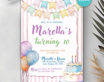 May include: A birthday party invitation with a pink and white striped background. The invitation includes the text "Happy Birthday" on a banner, "Marella's turning 10", and party details. A watercolor cake and balloons are also featured.