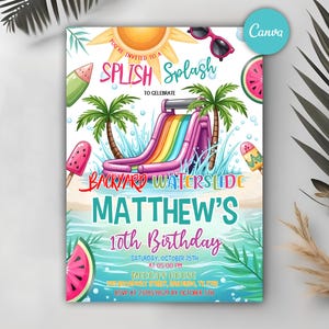 May include: A colorful invitation for a 10th birthday party with a backyard waterslide theme. The invitation features a cartoon waterslide, palm trees, watermelon slices, popsicles, and sunglasses. The text reads "You're invited to a Splish Splash to celebrate Matthew's 10th Birthday. Saturday, October 25th at 05:00 PM. Mecca's House 123 Broadway Street, San Diego, TX 7208. RSVP at 2378534529 by October 5th."