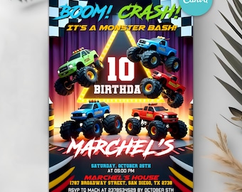 Monster Truck Birthday Invitation, Monster Jam Birthday Party Invitation, Boom Crash It's A Monster Truck Bash, Boy Monster Truck Invitation