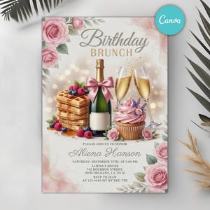Birthday Brunch Invitation, Champagne and Waffles Party Invite, Pink Floral Girly Coquette Invitation, Editable Canva Template