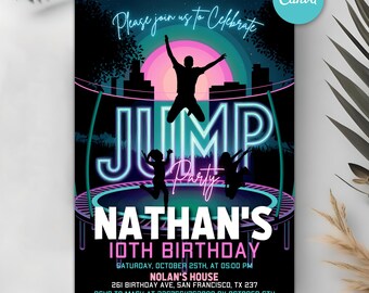 Jump-Geburtstagseinladung, Trampolin-Party, Hüpferei, Let's Jump Party einladen, jedes Alter Geburtstag einladen, bearbeitbare Canva Vorlage
