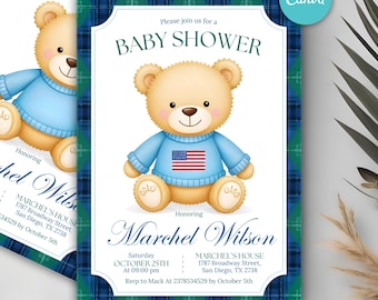 Editable Plaid Teddy Bear Baby Shower Invitation, Preppy Boys Party Card, Vintage Blue Bear Printable, Canva Template