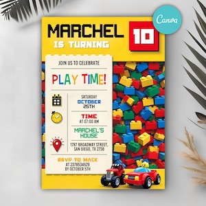 Può includere: Un invito di compleanno con sfondo giallo e blocchi giocattolo colorati. L'invito recita "MARCHEL COMPIE 10 ANNI" e include i dettagli della festa: "PLAY TIME!" sabato 25 ottobre alle 7:00. Due macchinine giocattolo in basso.