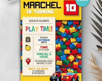 Building Blocks Birthday Invitation, Bricks Invite, Kids Birthday Party Invitation, Construction Party Theme, Editable Canva Template