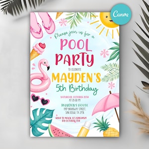 Editable Pool Party Invitation, Pool Party Birthday Invitation, Summer Birthday Girl Birthday Party, Swimming Pool Party, Instant Download