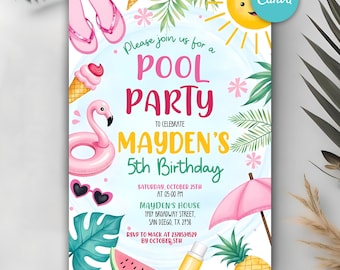 Editable Pool Party Invitation, Pool Party Birthday Invitation, Summer Birthday Girl Birthday Party, Swimming Pool Party, Instant Download