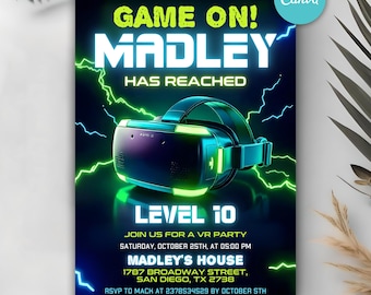 Invitación de cumpleaños de realidad virtual (VR), invitación de realidad virtual con brillo, invitación de realidad virtual, fiesta de cumpleaños de videojuegos, jugador neón, plantilla editable de Canva