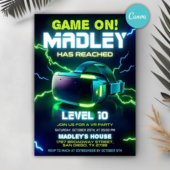 VR Birthday Invitation, Glow VR Invitation, Virtual Reality Invite, Video Game Birthday Party, Neon Gamer, Editable Canva Template