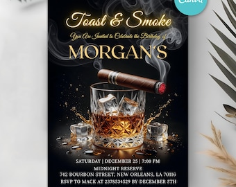Verjaardagsuitnodiging toast en roken, neon whisky- en sigaarfeestuitnodiging, gouden splash gerijpt tot in de perfectie, bewerkbare canva-sjabloon