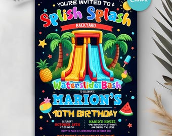 Waterslide Birthday Invitation, Boy Girl Splash Party Invite, Splash Birthday Evite, Water Slide Bash Modern Canva Template Boy Girl