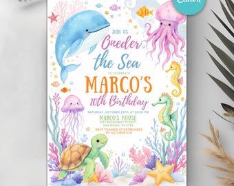 Oneder the Sea Birthday Invitation, Under the Sea Editable Template, 1st Birthday Invite, Ocean Animals Girls Oneder the Sea Invite