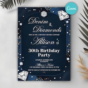 Denim and Diamond Birthday Invitation, Denim and Diamond Party Invite, Elegant Invitation, Editable Denim  Birthday Dinner Party Invite