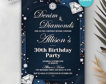 Denim and Diamond Birthday Invitation, Denim and Diamond Party Invite, Elegant Invitation, Editable Denim  Birthday Dinner Party Invite