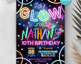 May include: Neon glow-in-the-dark birthday party invitation with a galaxy background. The invitation says "Let's Glow for Nathan's 10th Birthday".