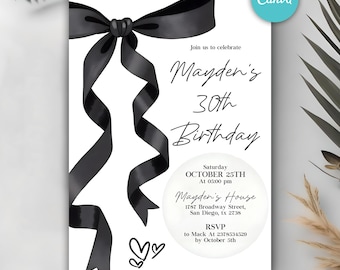 Black Bow Birthday Invitation, Coquette Black Bow Invitation, Pastel Black Bow 30th Birthday Invite, Black Ribbon, Coquette Invitation