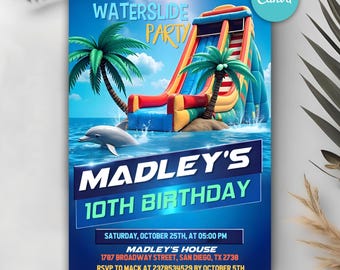 Waterslide Birthday Invitation, Boy or Girl Splash Party Invite, Water Slide Bash, Water Slide Party Invitation, Editable Canva Template