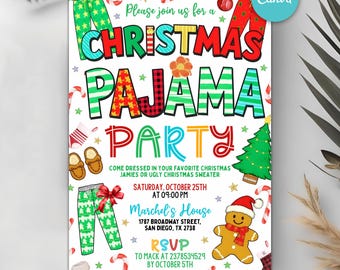 Christmas Pajama Party Invitation, Ugly Sweater Holiday Invite, Gingerbread Hot Cocoa Theme, Family Kids Xmas PJs, Editable Template