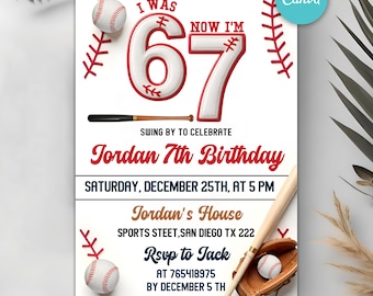 Zaproszenie na urodziny Baseball Six Seven, mem 6 7, zaproszenie na urodziny Baseball 7, zaproszenie sportowe, edytowalny szablon Canva