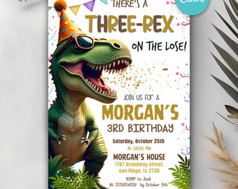 Dinosaur Birthday Invitation,Three Rex Birthday Invite, Boys Third Birthday Dino Party, Three-Rex On The Loose, Editable Canva Template