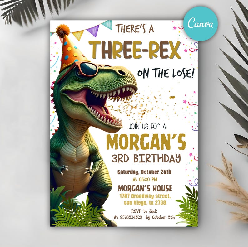 Dinosaur Birthday Invitation,Three Rex Birthday Invite, Boys Third Birthday Dino Party, Three-Rex On The Loose, Editable Canva Template
three rex birthday,three rex invitation,dinosaur bday party,dinosaur toddler,3 rex invitation,3 rex bday invite,dinosaur birthday,editable invite,boys Dino party,boys birthday party,3rd birthday invite,trex Dino party,editable template