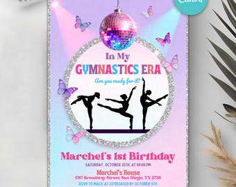 Invitación de cumpleaños editable de gimnasia, invitación de gimnasia, invitación de cumpleaños de Taylor, "En mi época de cumpleaños", plantilla editable de Canva de gimnasia