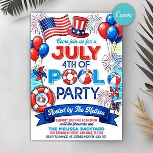 May include: A patriotic invitation for a July 4th pool party. The design features an American flag, a red, white, and blue top hat, balloons, fireworks, and pool-themed graphics. The text reads "Come join us for a July 4th of Pool Party".