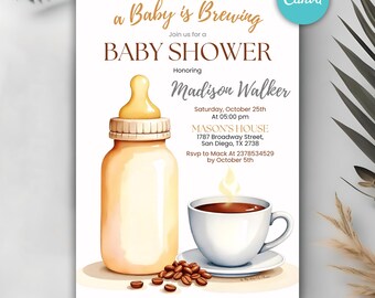 Coffee Bean Invitation, A Baby is Brewing Baby Shower Invitation, Coffee Theme Baby Shower, Digital Canva Template