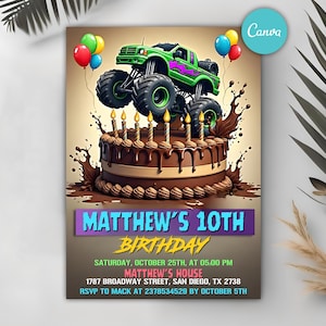 Monster Truck Birthday Invitation, Monster Jam Party Invite, Kids Birthday Invitation, Boys Monster Truck Theme, Editable Canva Template
