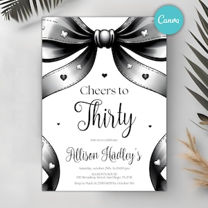 Editable Black Bow Invitation, Coquette Black Bow Invitation, Minimalist Black Bow Birthday Invite, Black Ribbon Coquette Any Age Invite