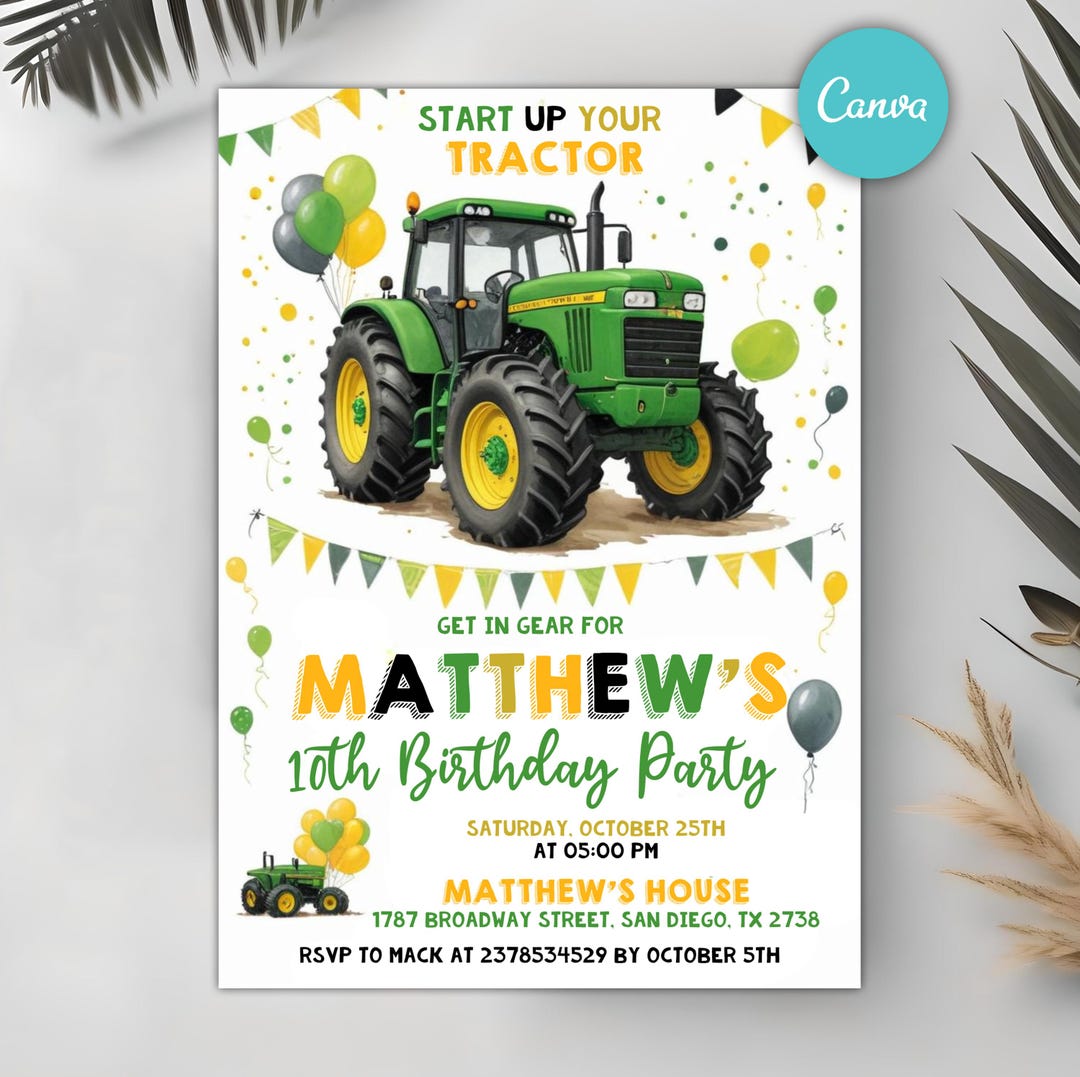 Editable Tractor Birthday Invitation, Green Tractor Birthday Party ...