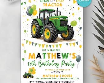 Editable Tractor Birthday Invitation, Green Tractor Birthday Party Invitation, Farm Vehicles Theme Birthday Invite, Instant Download