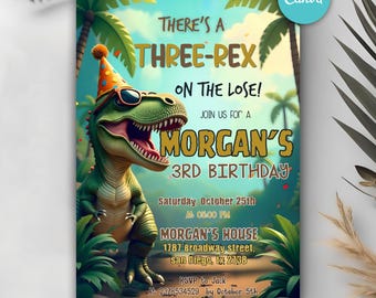 Dinosaur Birthday Invitation, Editable Three Rex Birthday Invite, Boys Third Birthday Dino Party, Three-Rex On The Loose, Printable, Canva