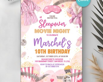 Movie Night Sleepover Birthday Invitation, Pajama Party, Pink, pastel, Cinema, Sweet, Popcorn, Editable Canva Template